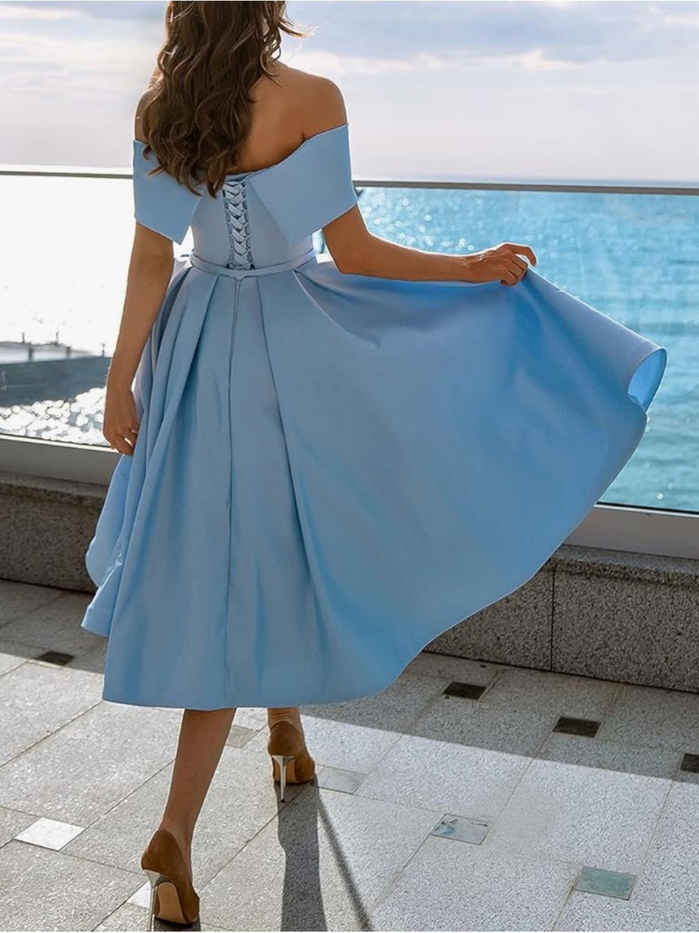 Off-Shoulder Rose Pink A-Line Midi Dress - Picture 2 of 4